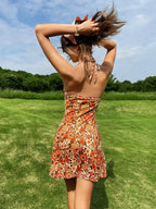 Romantic Floral Print Halter Short Holiday Floral Dress