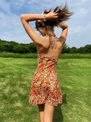 Romantic Floral Print Halter Short Holiday Floral Dress