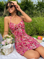 Romantic Floral Print Halter Short Holiday Floral Dress pink / XS