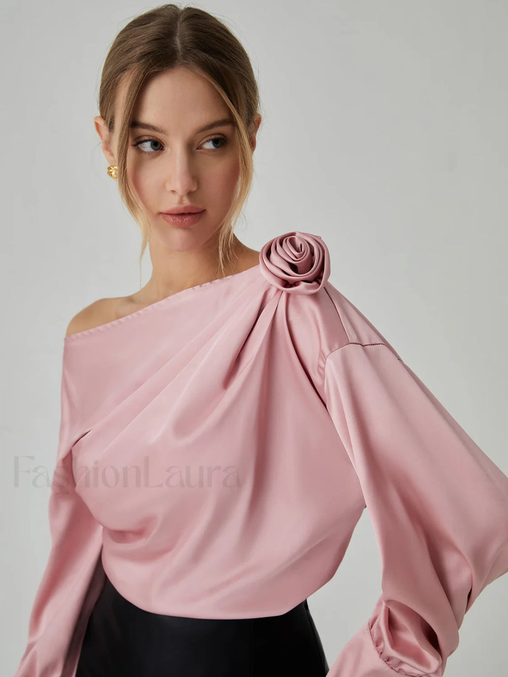 Romantic Satin Rosette Trendy Long Sleeve Blouse Blouses