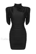 Rose appliqu茅 Ruched Stylish Jersey Minidress XS / Black