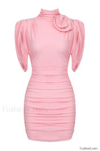 Rose appliqu茅 Ruched Stylish Jersey Minidress XS / Pink