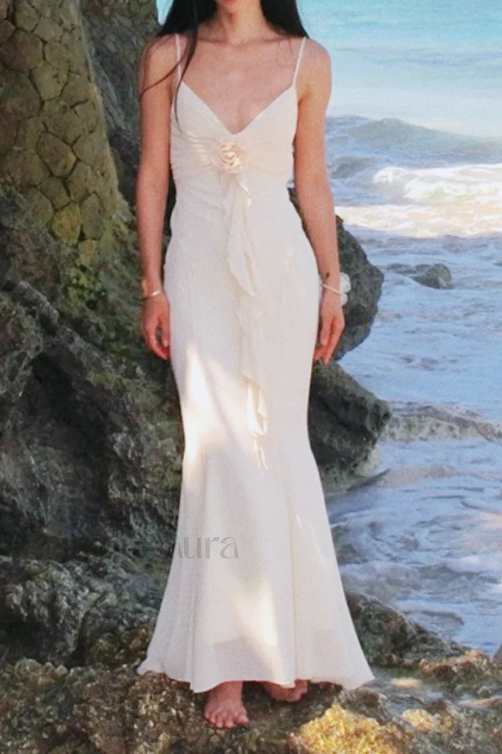 Rose Corsage Tie Back Mermaid Maxi Dress Apricot / S Main image
