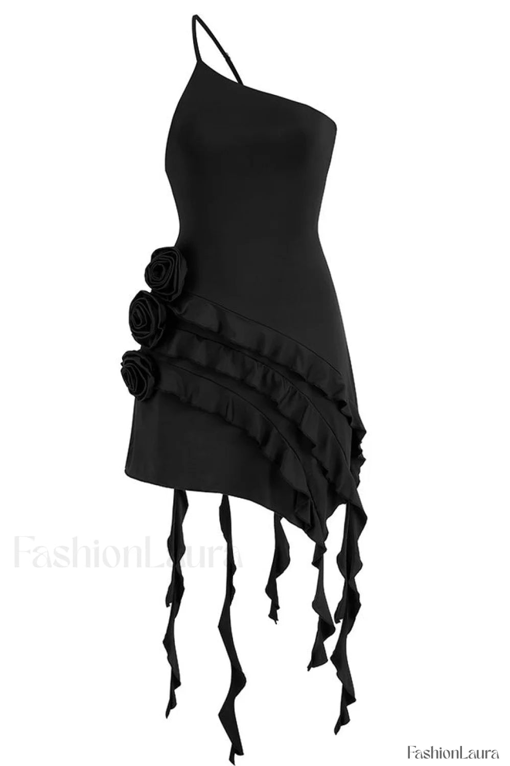Rose Detail Ruffled Stylish Mini Dress XS / Black