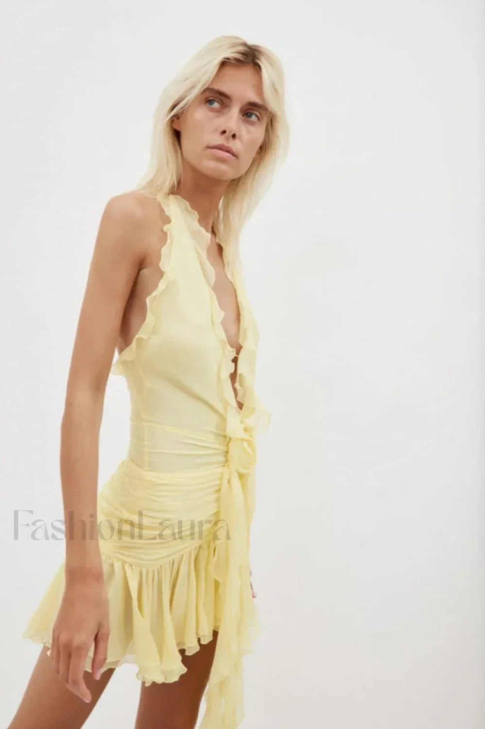 Rose Detailed Stylish Halterneck Mini Dress