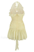 Rose Detailed Stylish Halterneck Mini Dress