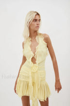 Rose Detailed Stylish Halterneck Mini Dress