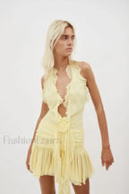 Rose Detailed Stylish Halterneck Mini Dress