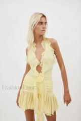 Rose Detailed Stylish Halterneck Mini Dress