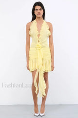 Rose Detailed Stylish Halterneck Mini Dress XS / Buttercup