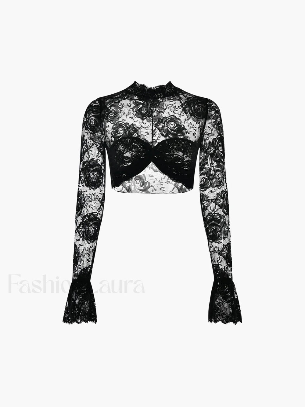 Rose Lace Mesh Trendy Mock Neck Crop Top Black / XS T Shirts