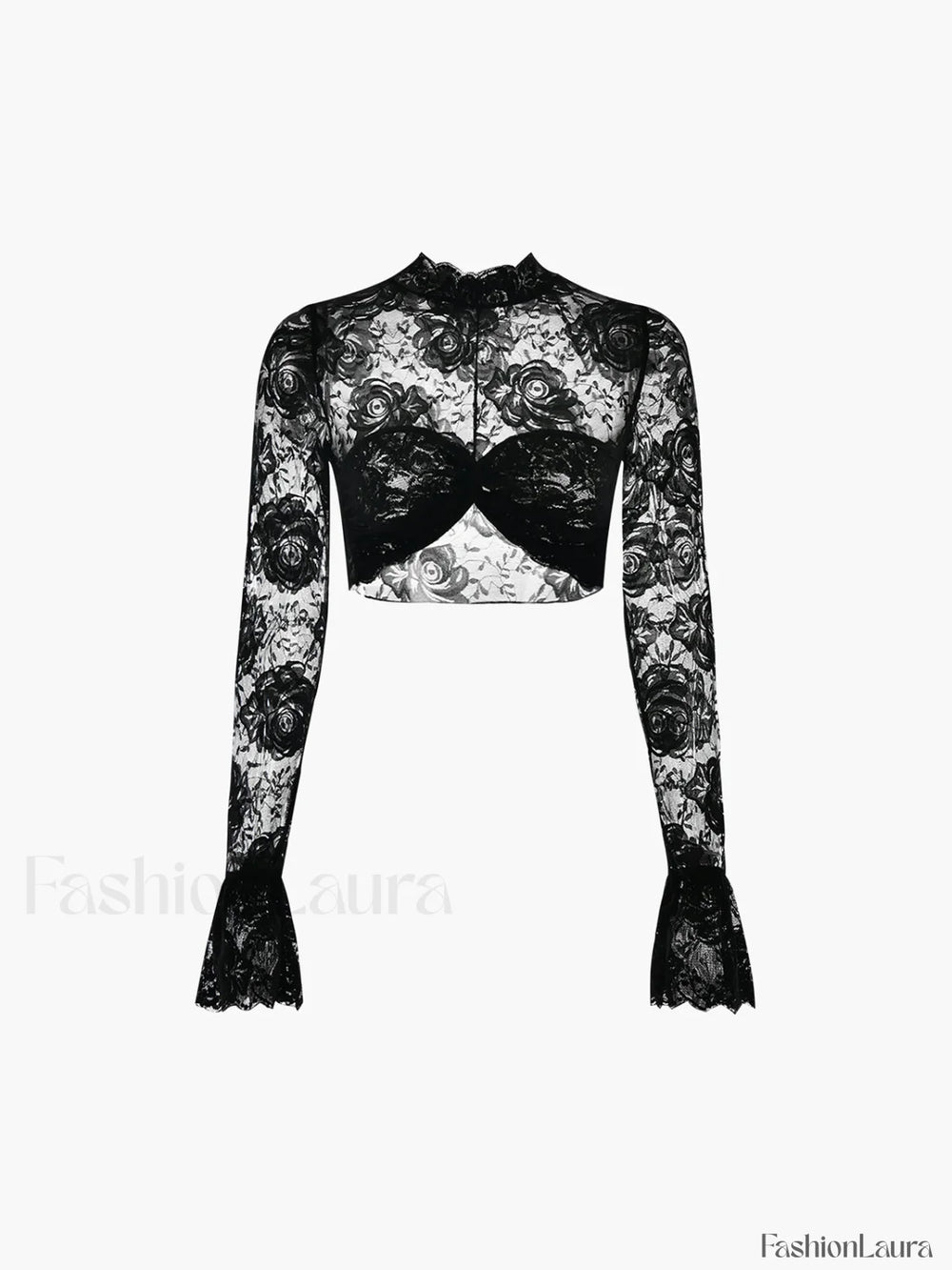 Rose Lace Mesh Trendy Mock Neck Crop Top Black / XS T Shirts
