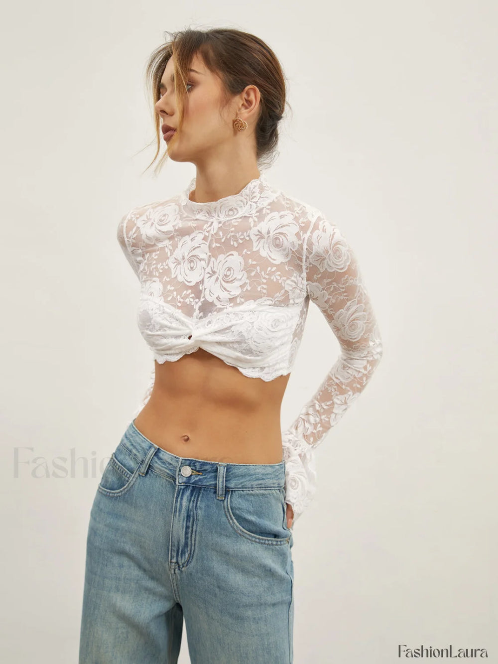 Rose Lace Mesh Trendy Mock Neck Crop Top T Shirts