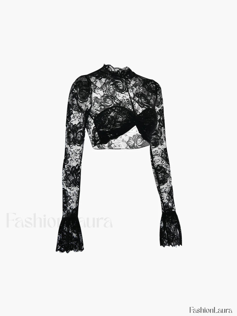 Rose Lace Mesh Trendy Mock Neck Crop Top T Shirts