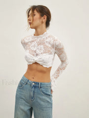 Rose Lace Mesh Trendy Mock Neck Crop Top T Shirts