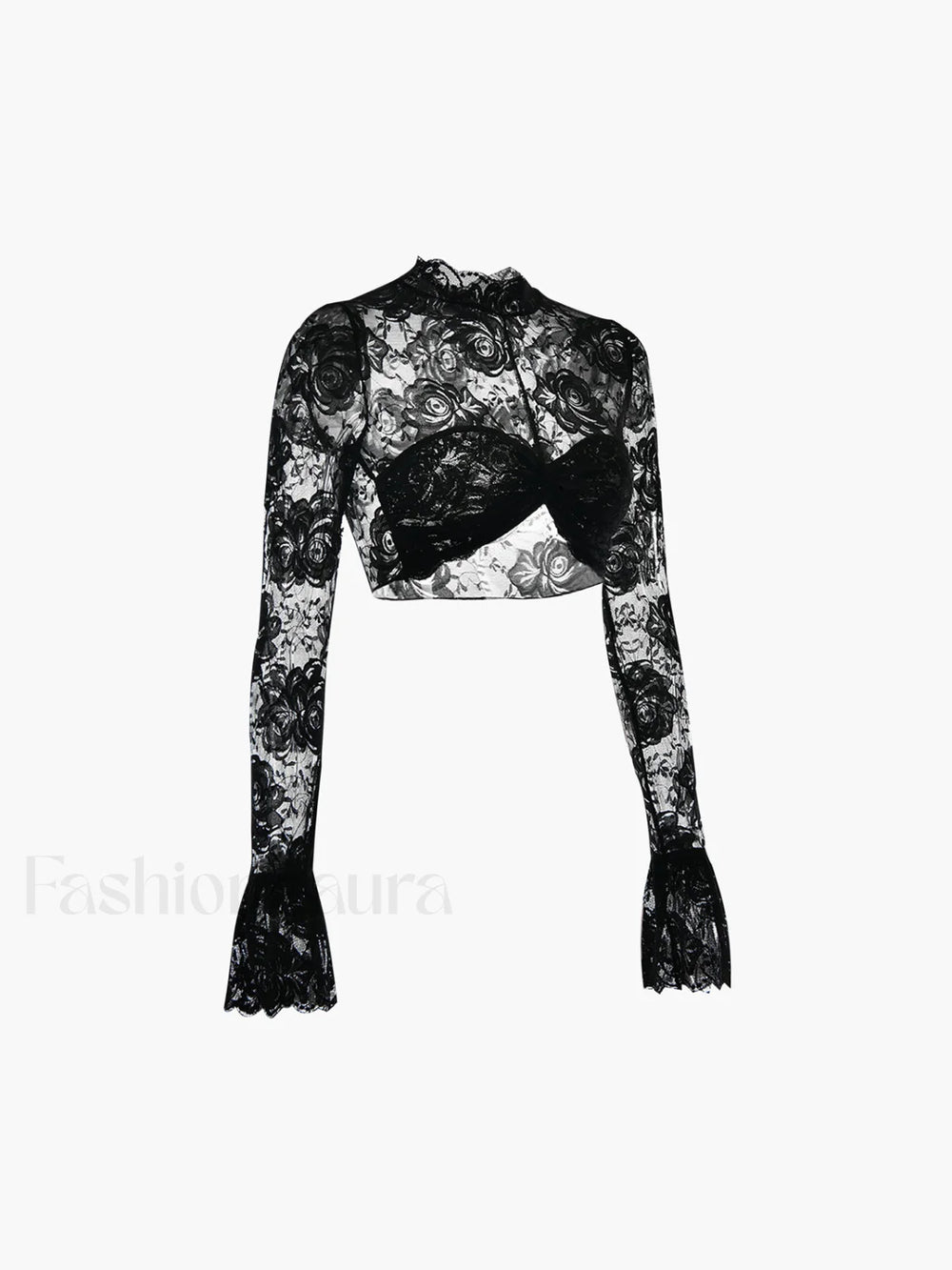 Rose Lace Mesh Trendy Mock Neck Crop Top T Shirts