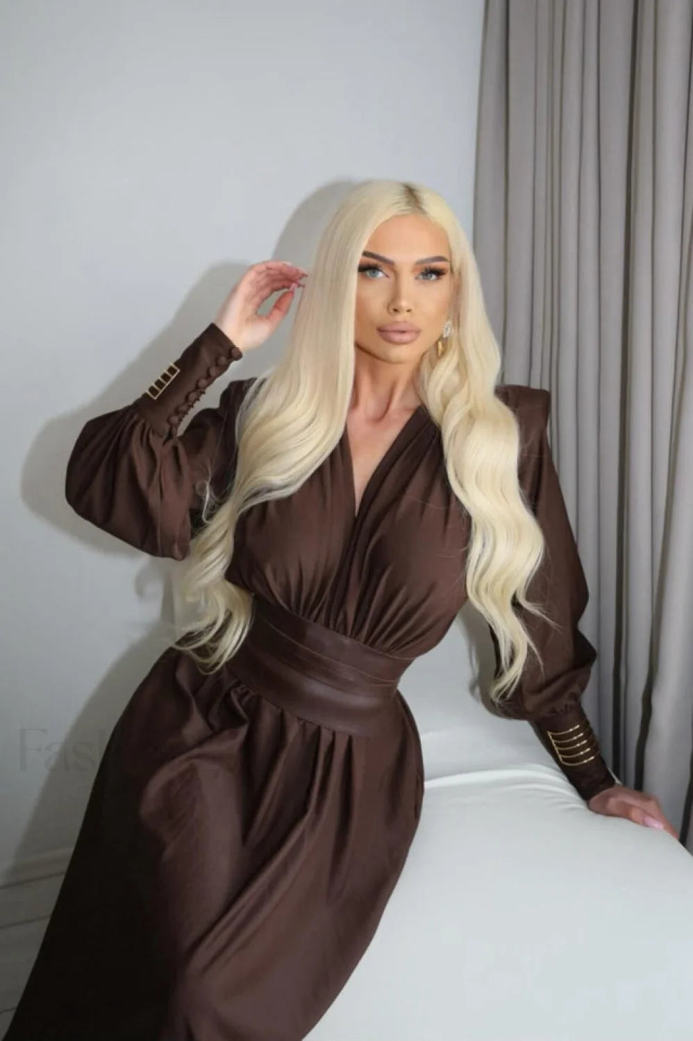 Rosey Tan Maxi Charming Dress With Waist Belt