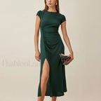 Round Cap Sleeve Floral Dress green / S