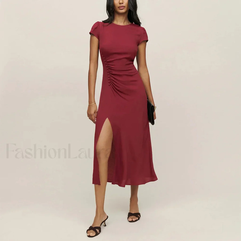Round Cap Sleeve Floral Dress red / S