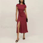 Round Cap Sleeve Floral Dress red / S