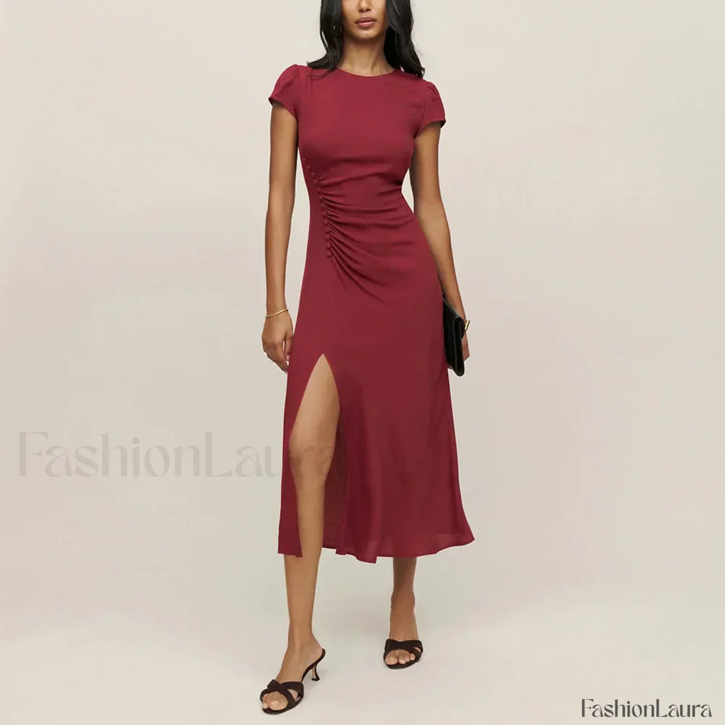 Round Cap Sleeve Floral Dress red / S