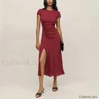 Round Cap Sleeve Floral Dress red / S