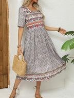 Round Neck Bohemian Print Boho Dress Black / S
