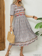Round Neck Bohemian Print Boho Dress Black / S