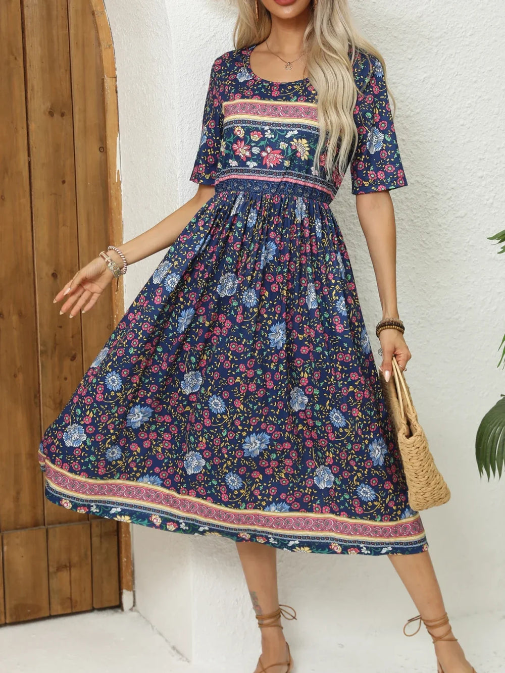 Round Neck Bohemian Print Boho Dress Blue / S