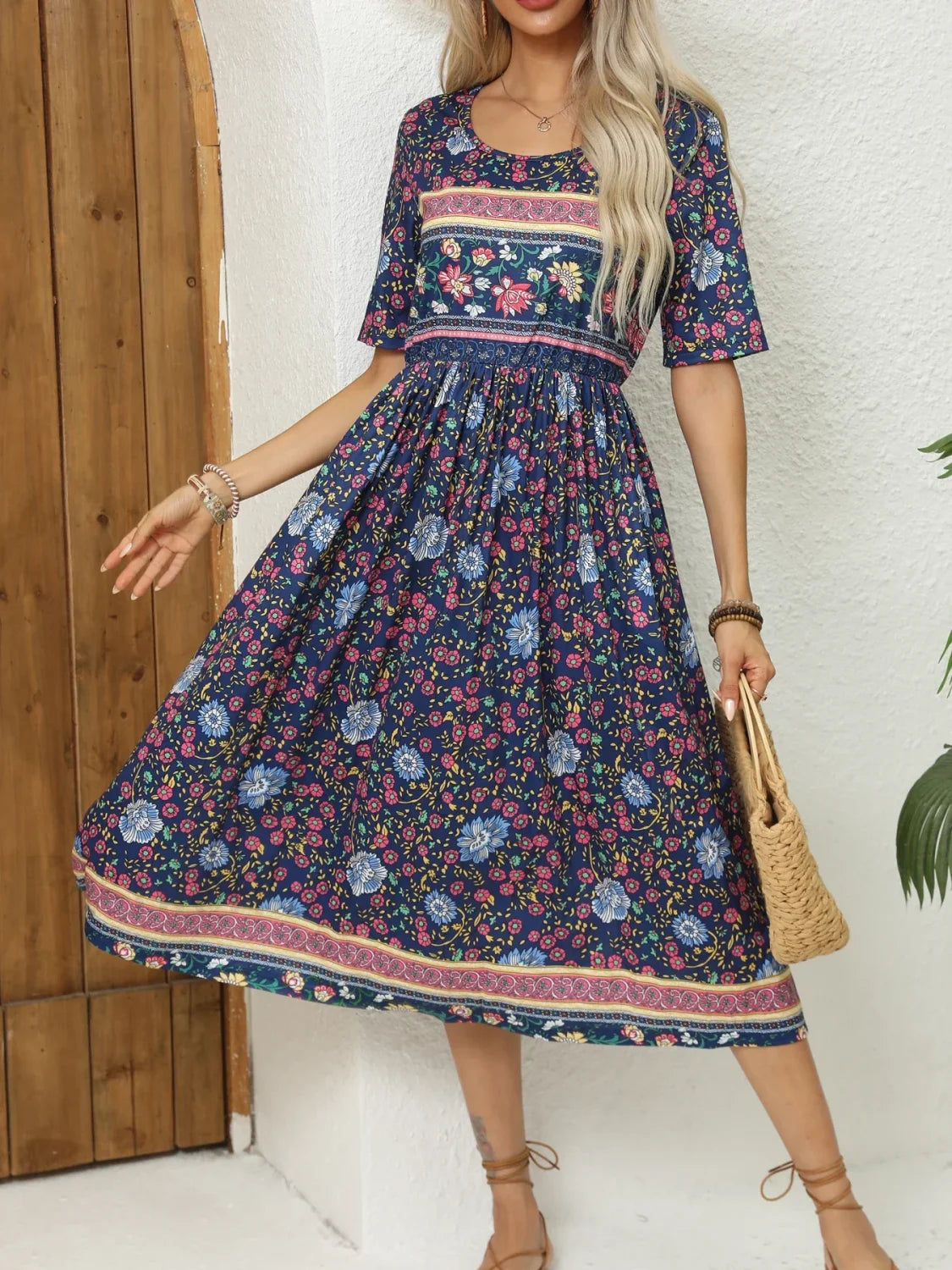 Round-Neck Bohemian Print Boho Dress Secondary image