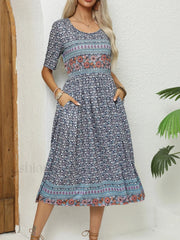 Round Neck Bohemian Print Boho Dress Brown / S