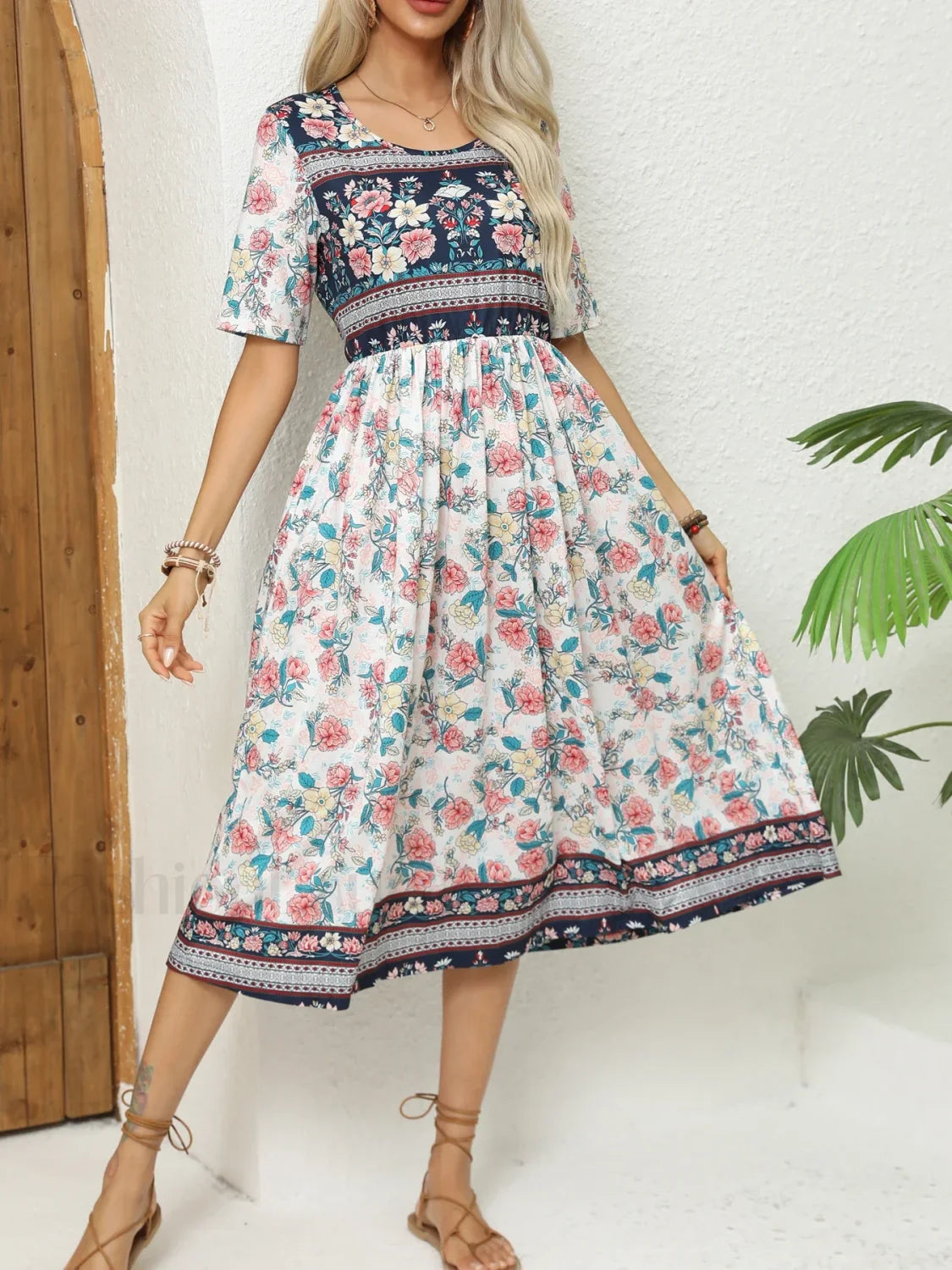 Round Neck Bohemian Print Boho Dress SKY BLUE / S Main image