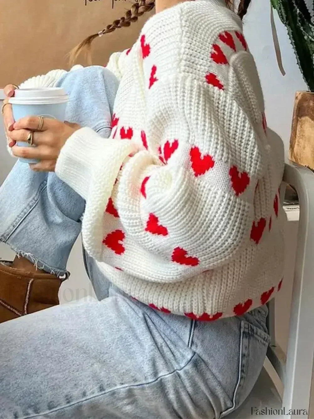 Round Neck Long Sleeved Heart shaped Women Autumn Winter Knitwear Soft Warm Sweater Sweaters L