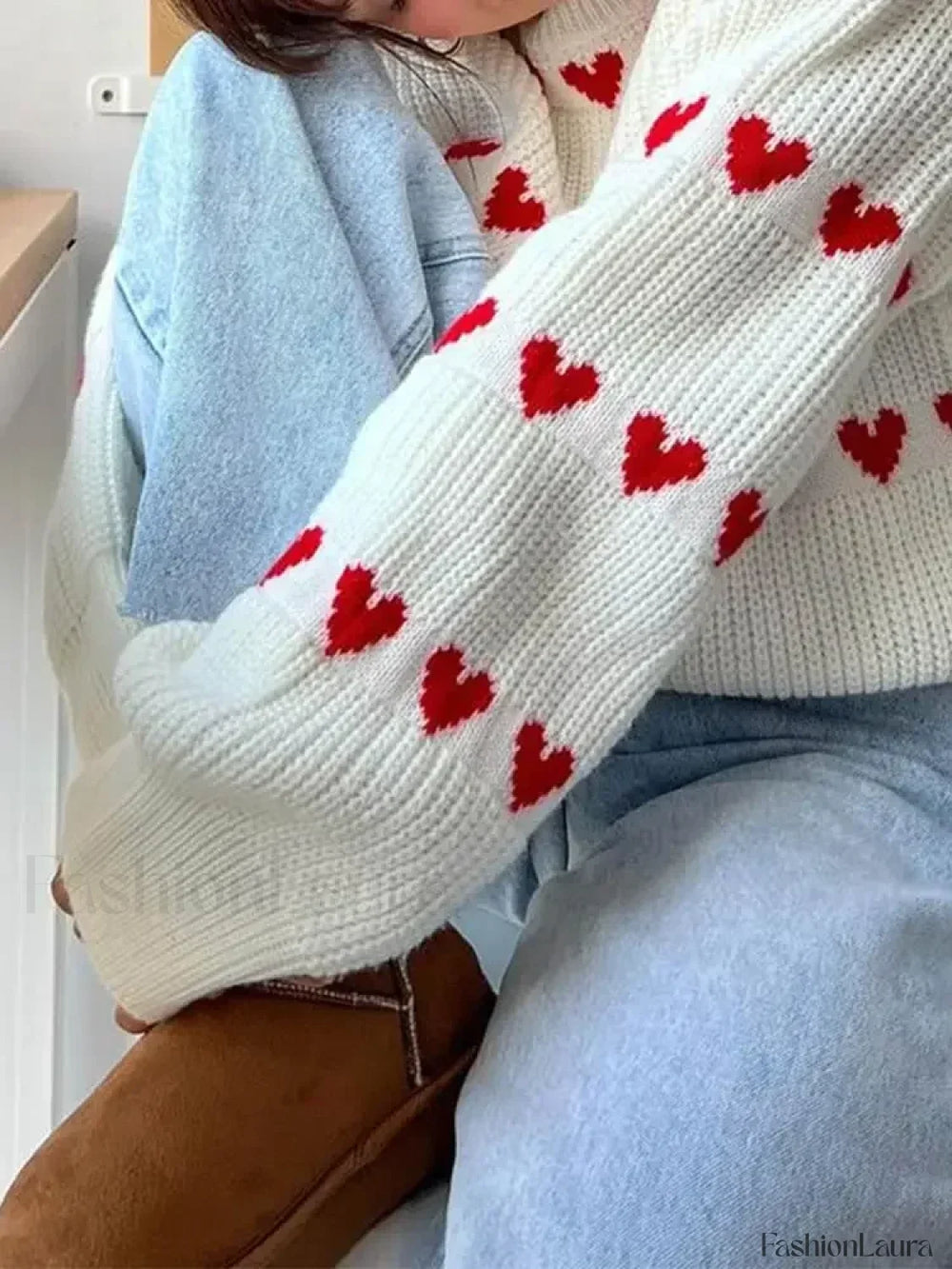 Round Neck Long Sleeved Heart shaped Women Autumn Winter Knitwear Soft Warm Sweater Sweaters L