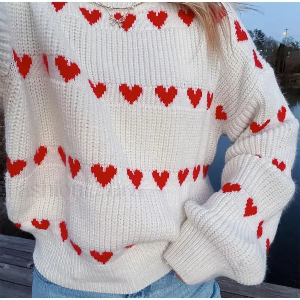 Round Neck Long Sleeved Heart shaped Women Autumn Winter Knitwear Soft Warm Sweater Sweaters L