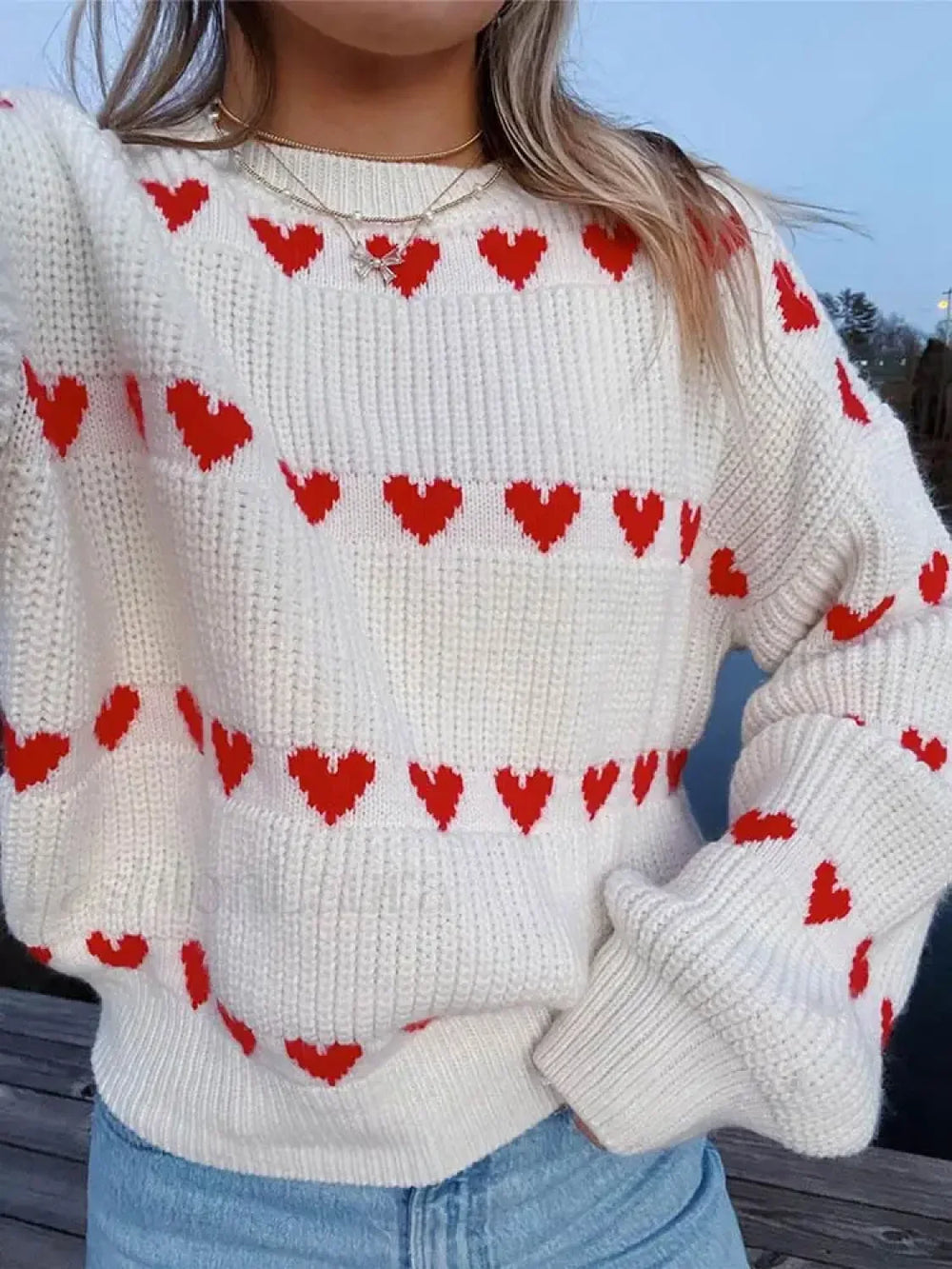 Round Neck Long Sleeved Heart shaped Women Autumn Winter Knitwear Soft Warm Sweater WHITE / S Sweaters L