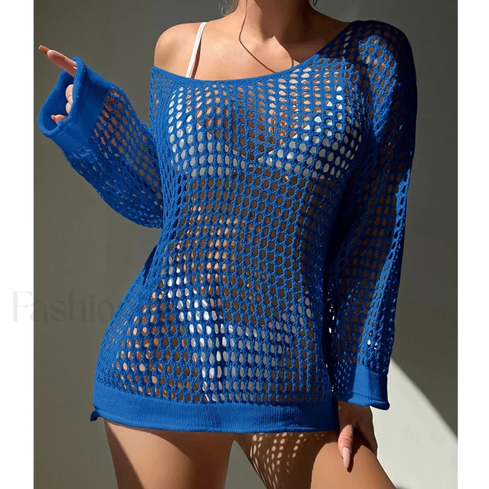 Round Neck Loose Swimsuit Cover Up Blue / One Size