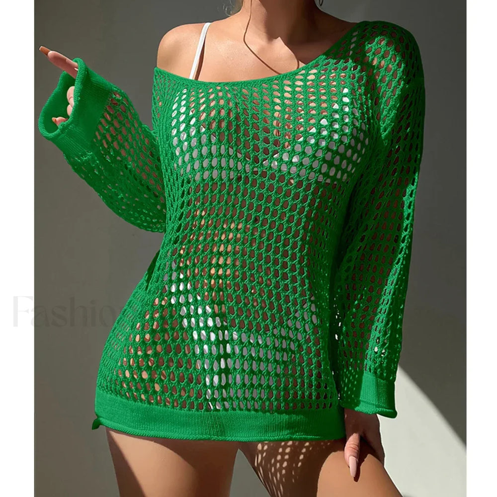 Round Neck Loose Swimsuit Cover Up Green / One Size