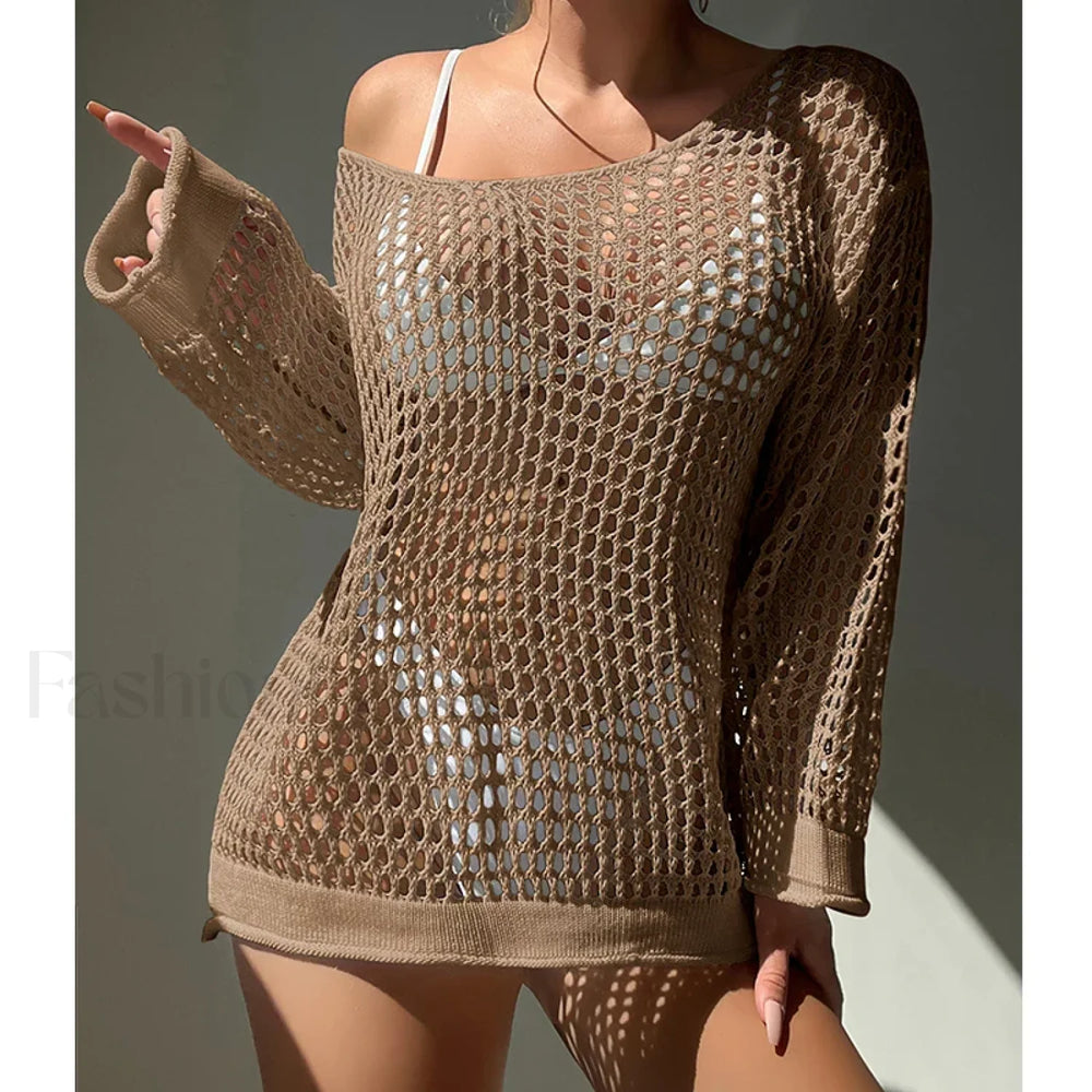 Round Neck Loose Swimsuit Cover Up Khaki / One Size