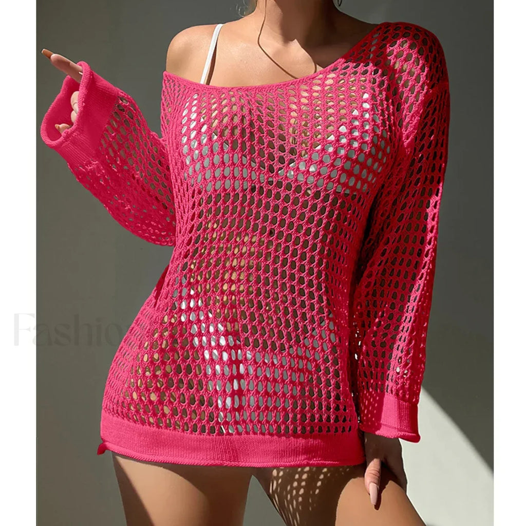 Round Neck Loose Swimsuit Cover Up Rose Red / One Size