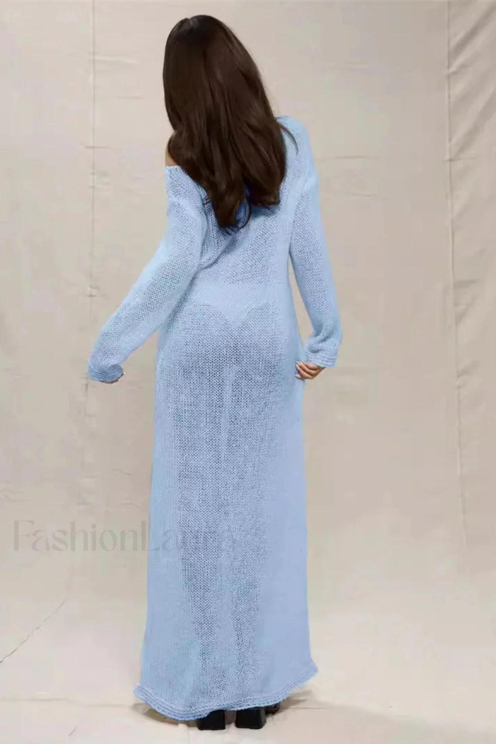 Round Neck Off-Shoulder Hollow Knitted Bodycon Maxi Dress Secondary image