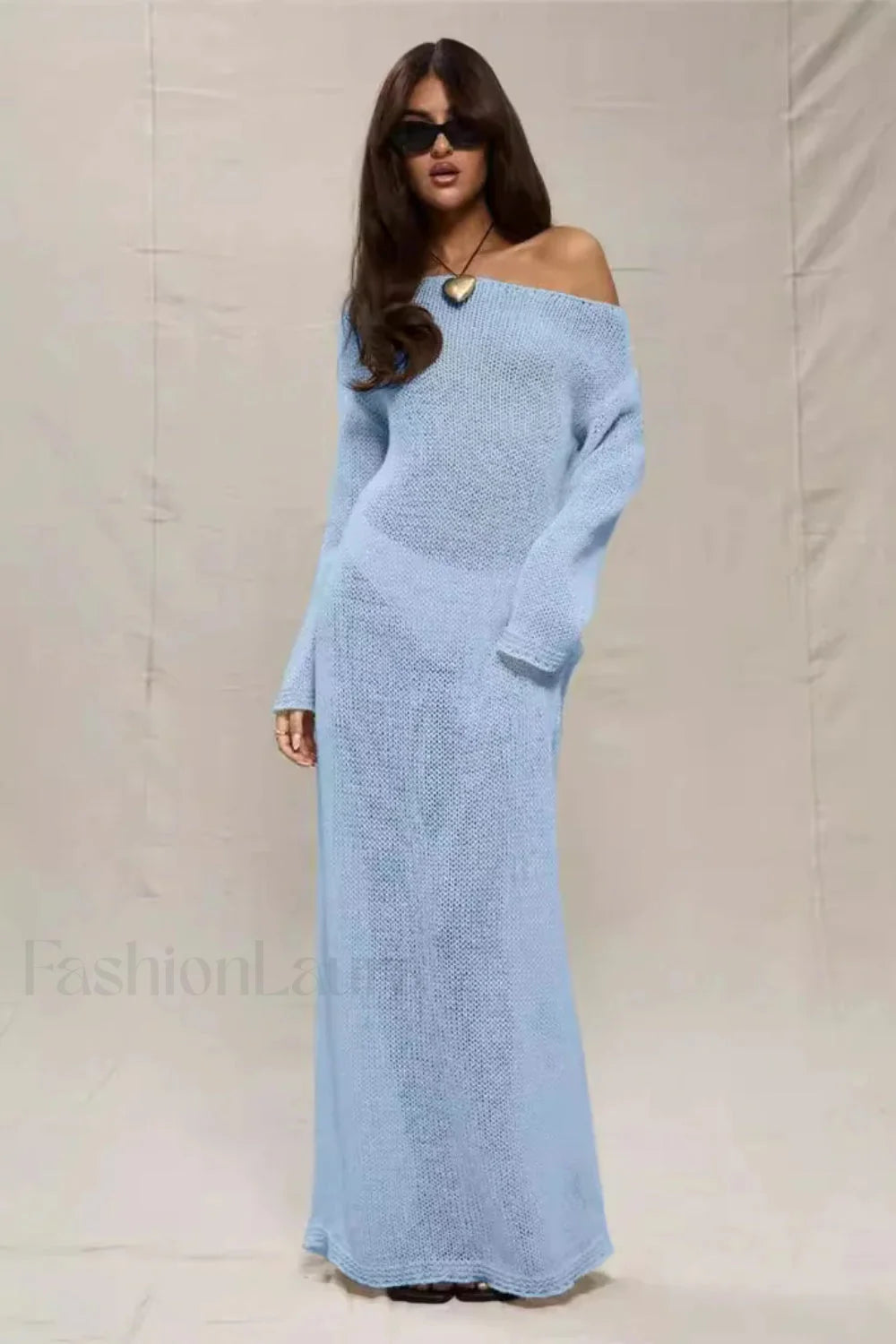 Round Neck Off Shoulder Hollow Knitted Bodycon Maxi Dress Blue / S Main image
