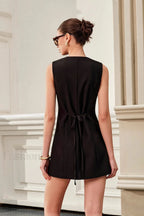 Round Neck Tie Metal Button Work Dress