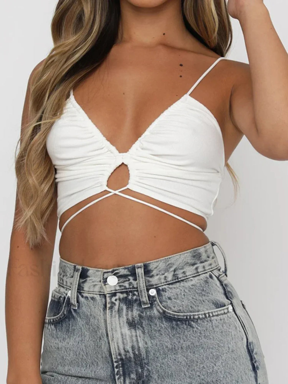 Ruched Deep V Neck Crop Top