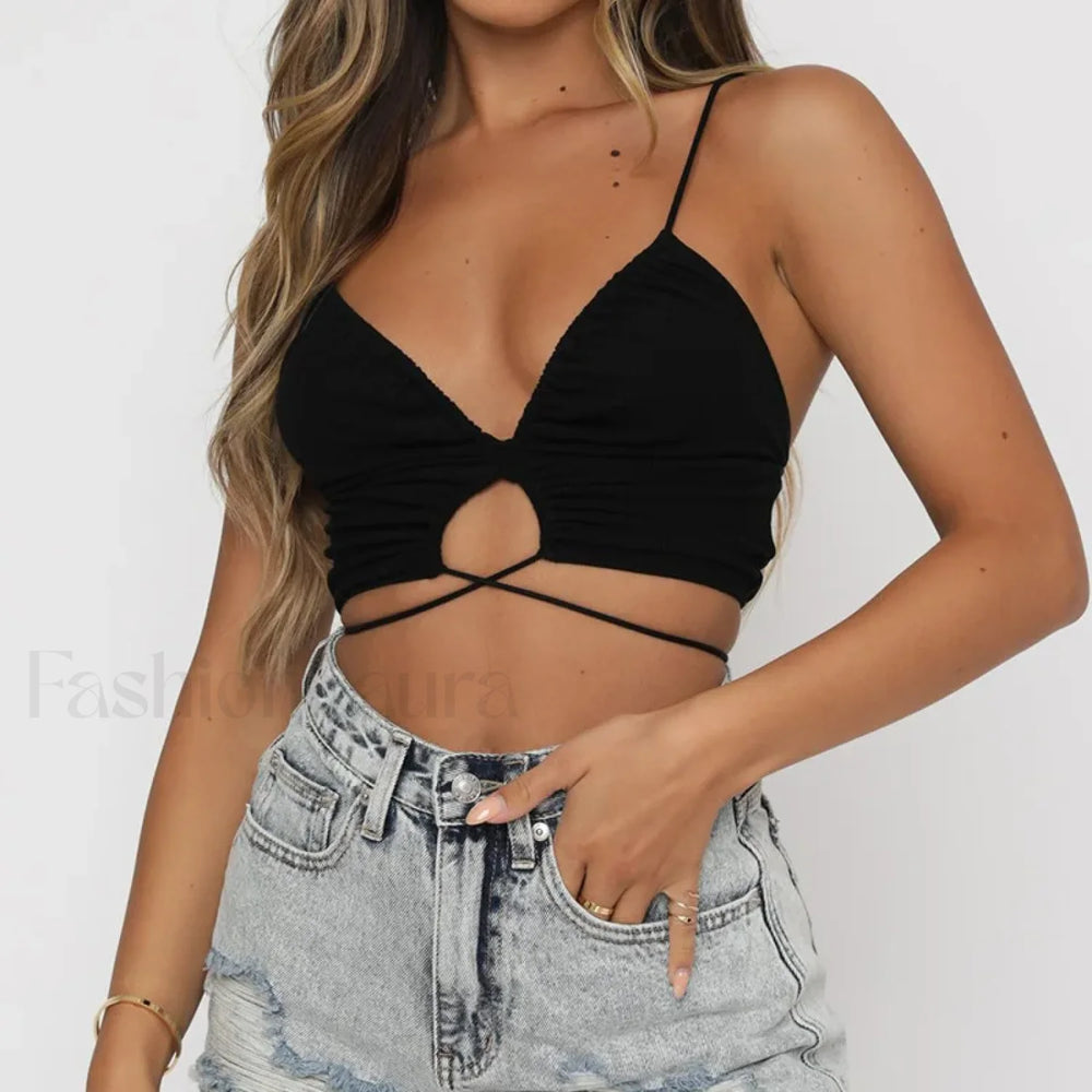 Ruched Deep V Neck Crop Top Black / S