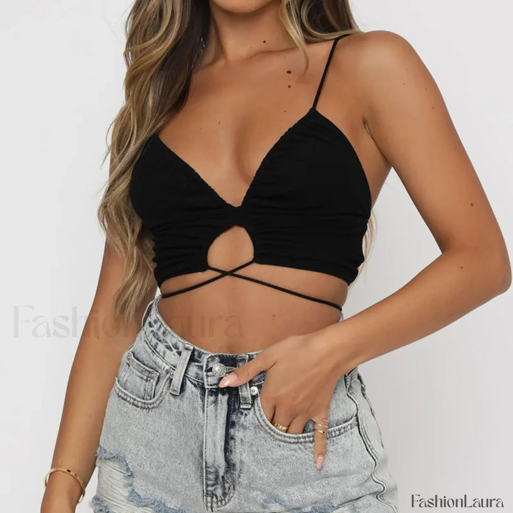 Ruched Deep V Neck Crop Top Black / S