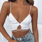 Ruched Deep V Neck Crop Top WHITE / S