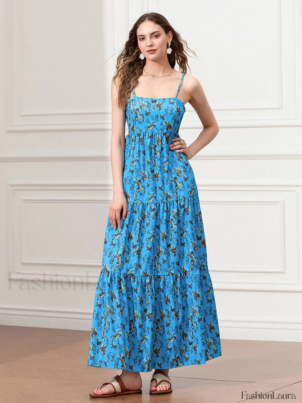 Ruched Floral A Line Maxi Dress Blue / S