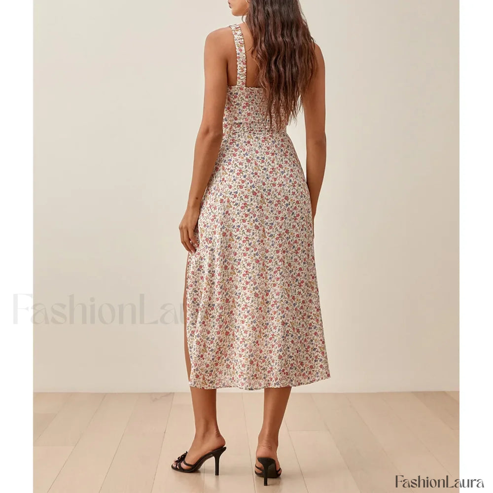 Ruched High Slit Floral Midi Dress