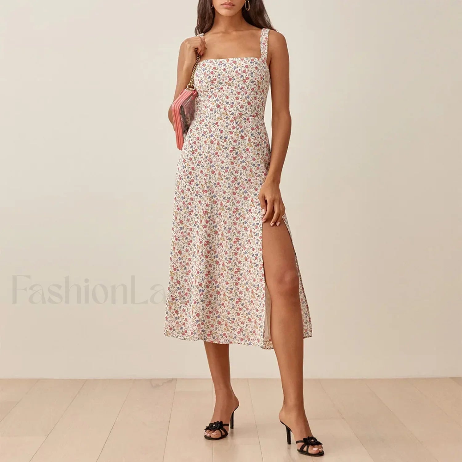 Ruched High Slit Floral Midi Dress beige / S Main image